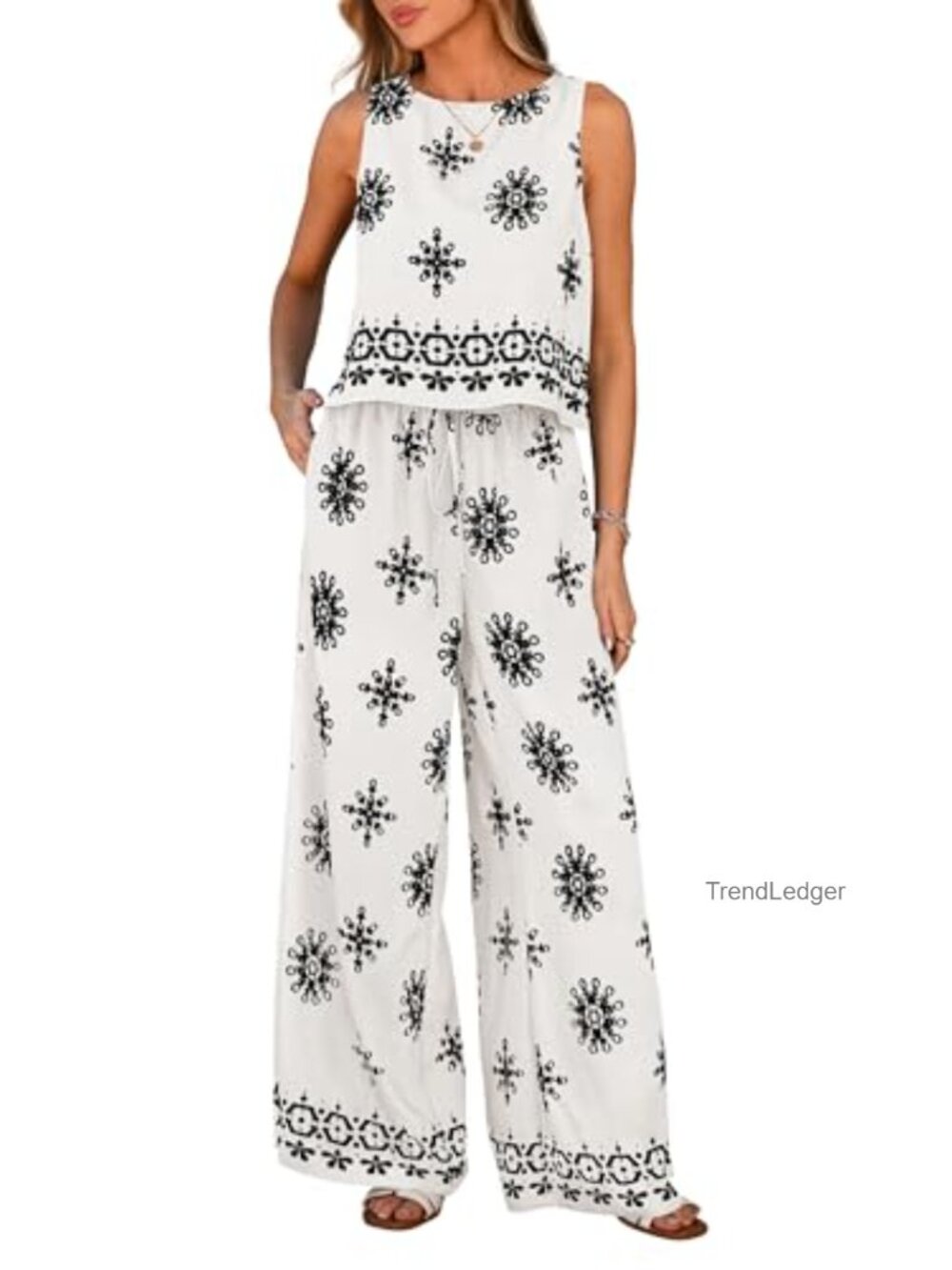 2 Piece Lounge Set for Women Boho Sleeveless Crop Top Wide Leg Pants